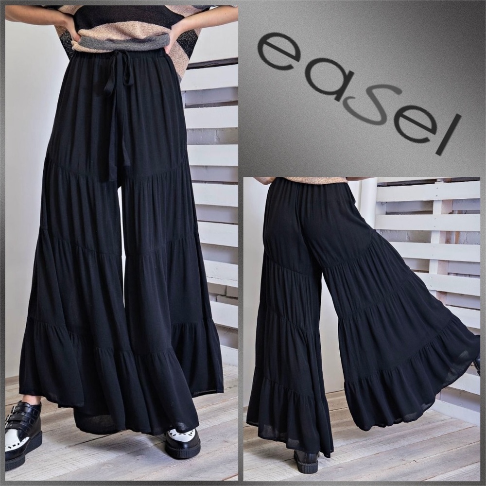 EASEL Lightweight & Flowy Multi-Tiered & Ruffled Drawstring Pants Ultra Wide Leg
